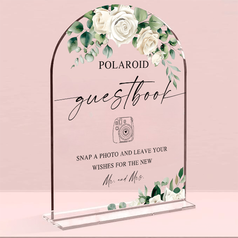 TEMU 2d Flat Eucalyptus & Rose Acrylic "polaroid Guestbook" Sign With Stand โ Wedding Photo Guest Book Decor, Snap A Photo & Leave Wishes Tabletop
