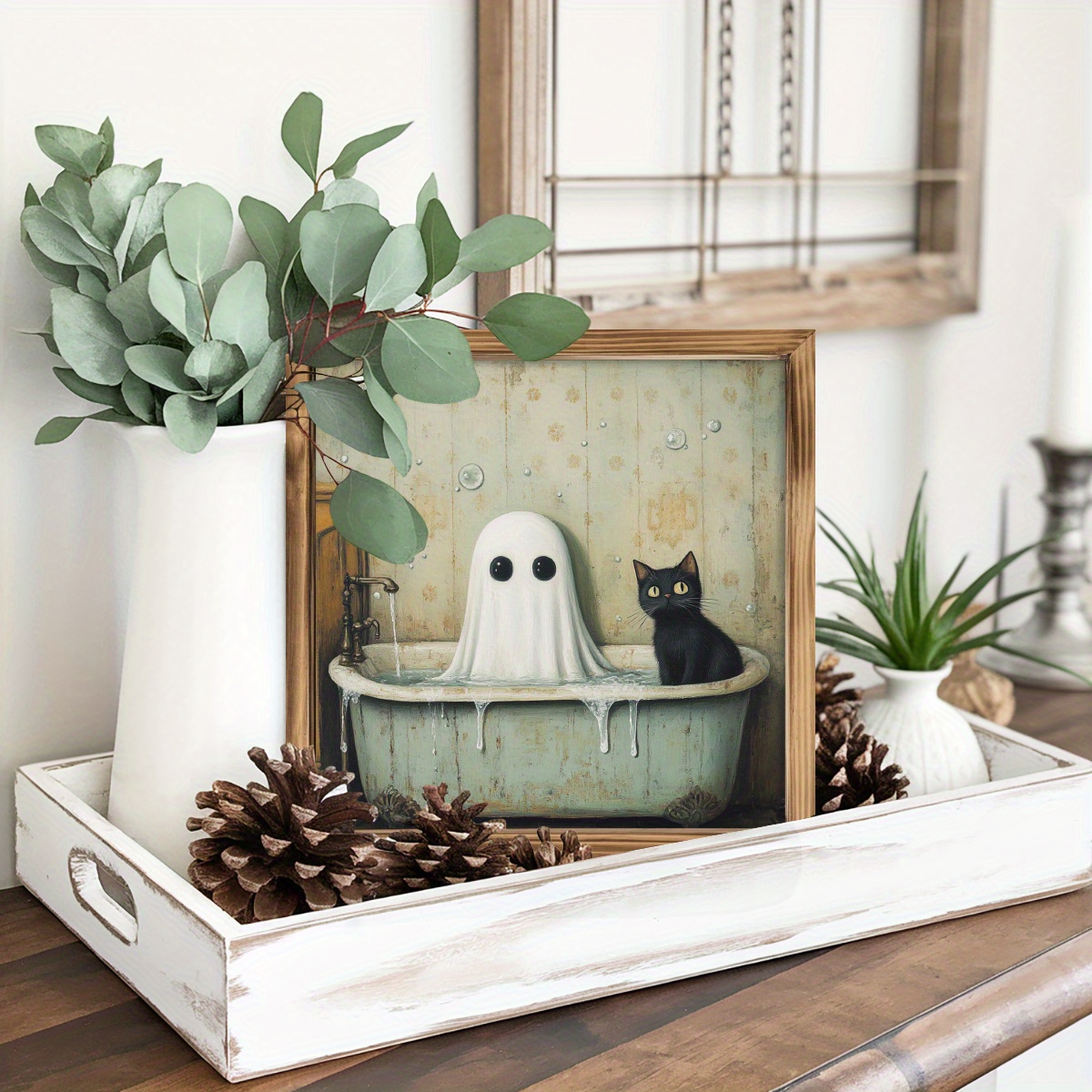 TEMU 1pc Vintage Wood Framed Sign In Bathtub With Black Cat, 8x8 Inch, Use Without Electricity, Without Battery, For Bedroom, Home, Living Room, Bathroom, Housewarming Gifts, Holiday Gift