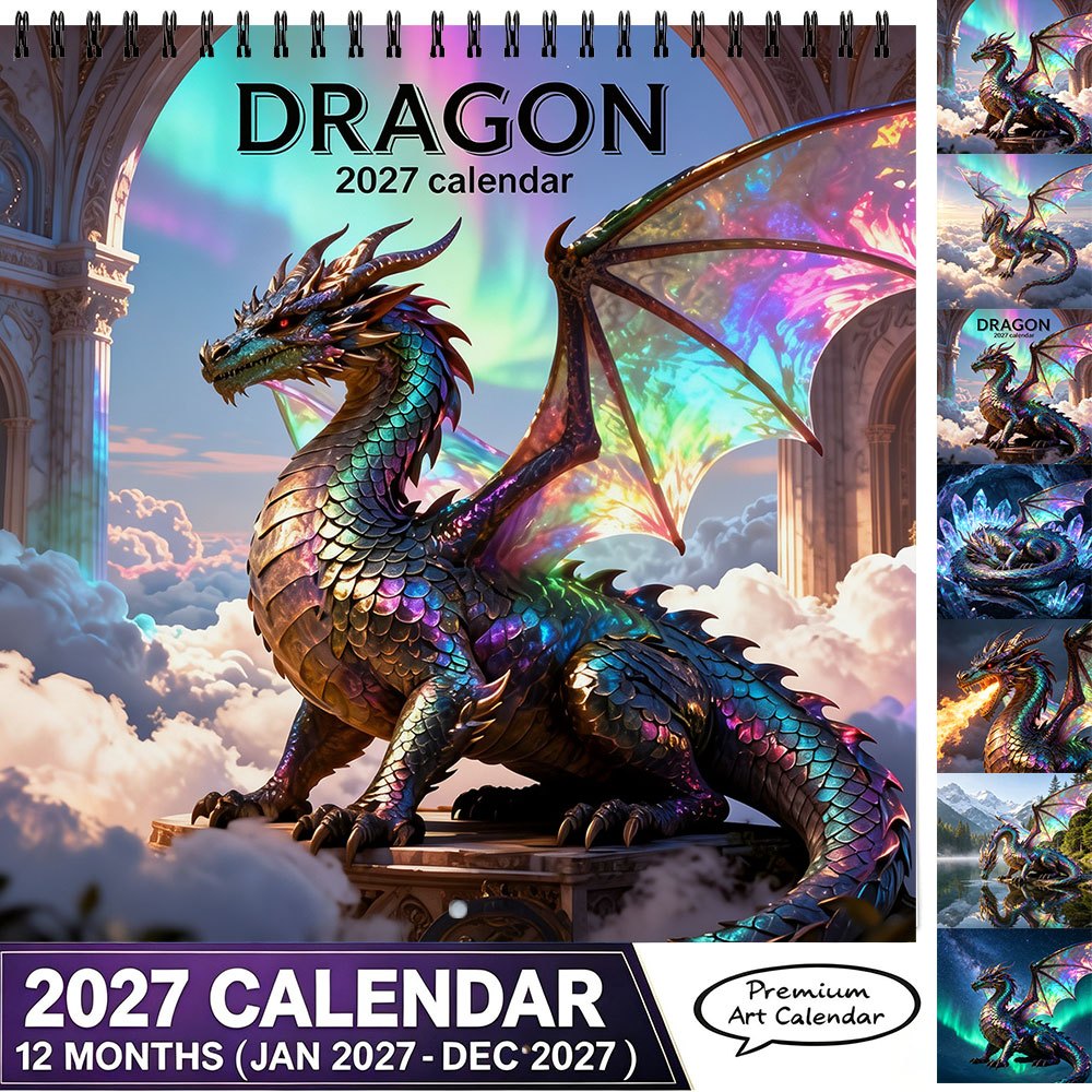 TEMU Calendrier 2027 8.3 X 8.3 pouces Dragon Fantaisie Art Calendrier Mural 12 Mois Papier Épais Cadre Décoration Murale Maison Bureau Chambre Salon