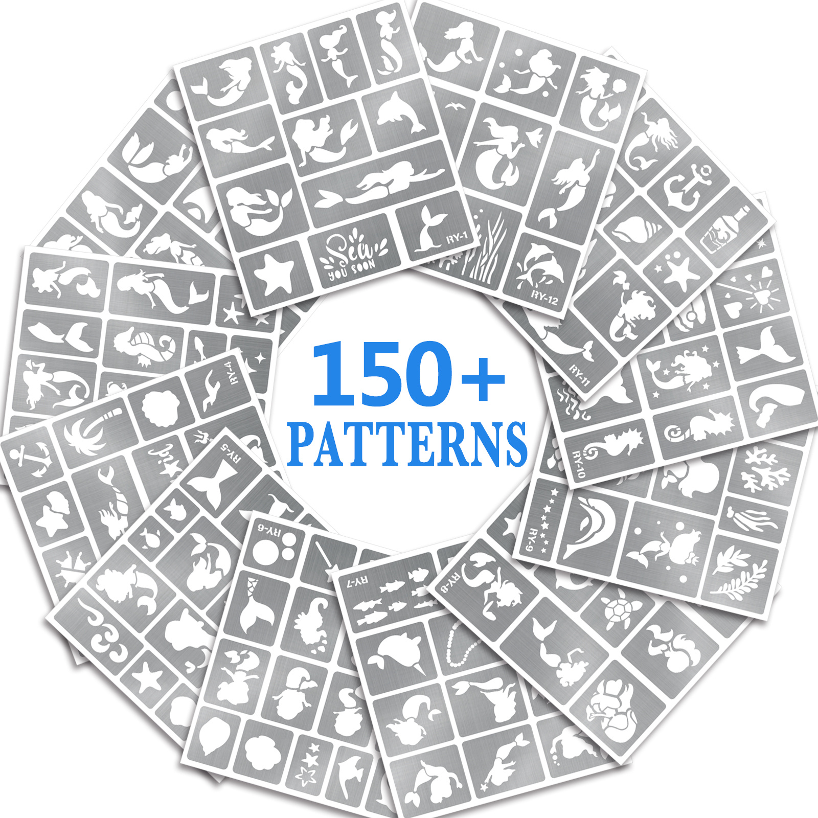 Image of Kit Of 150+ Ocean-themed Temporary Tattoos Featuring 12 Reusable Stencils With Designs Of Mermaids, , And , Perfect For Beach Vacations And Body Art For Wrists And Ankles