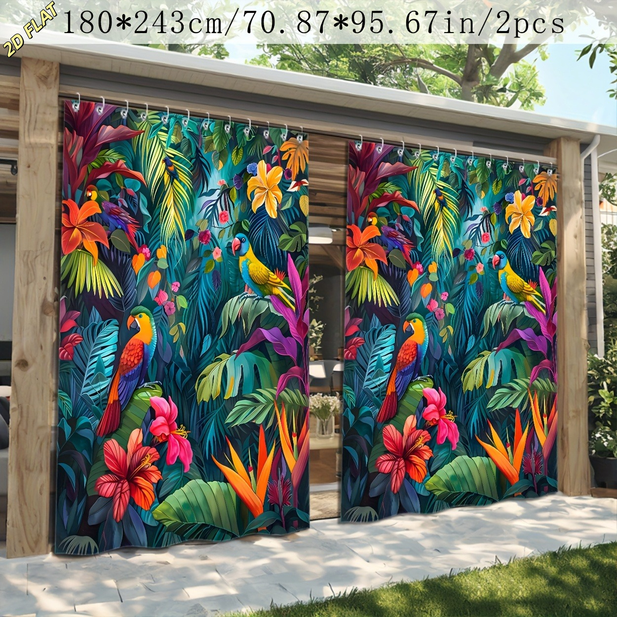 TEMU 2pcs Rideaux d'extérieur imprimés en 2D 70.87X70.87In/180X180Cm, imprimés en 3 dimensions, demi-portion mettant en des perroquets tropicaux et