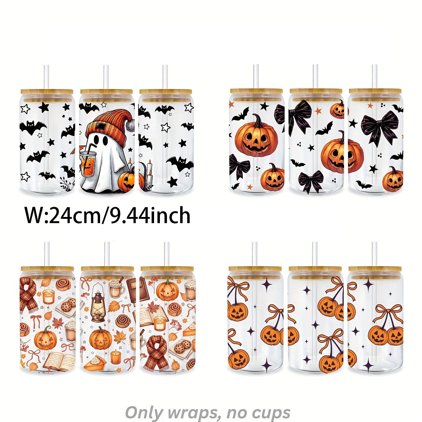TEMU Halloween 4pcs Pumpkin Design Uv Dtf Cup Wrap, Includes, Pumpkin, Bat Elements, Self-adhesive Suitable For Mugs\water Bottles\crafts, Furniture,