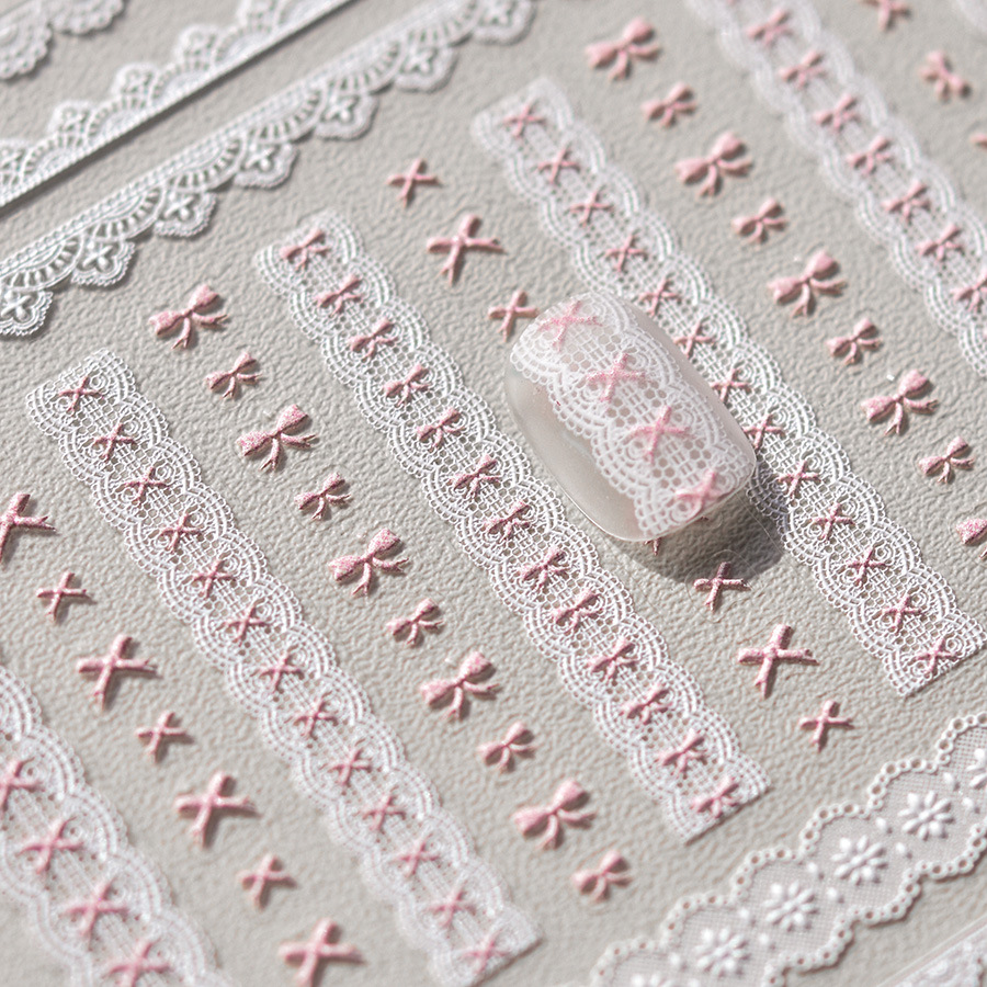 White Lace With Pink Bow Nail Stickers