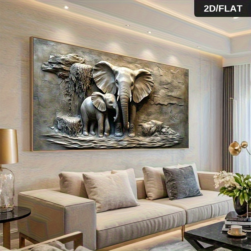 TEMU 2d Flat, 1pc 2d Flat Large Canvas Wall Art - Modern Abstract Elephant Sculpture With Young Person, Framed 2d/flat Decorative Painting, Suitable