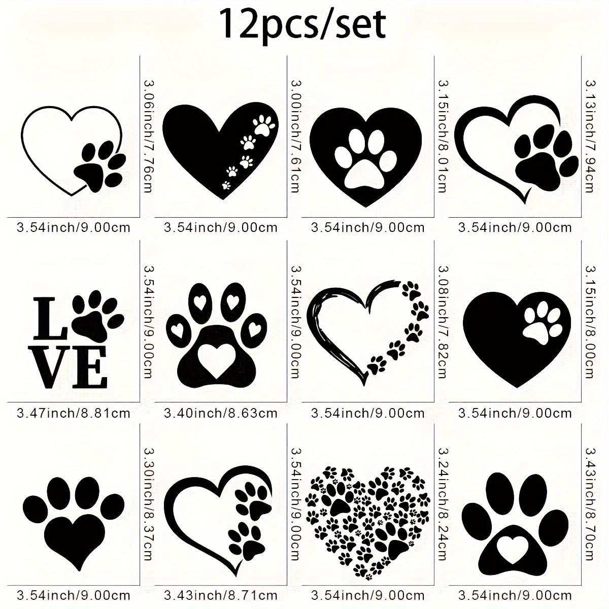E-shop 12 Stück Hundepfoten- & Herz-Liebe DTF Bügelbilder - Gemischte Farben, Waschbare Vinyl-Heißtransfer-Designs für DIY T-Shirts, Jeans, Masken,