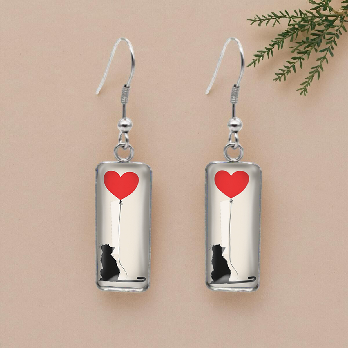 TEMU Suitable For -ear Style Black Cat & Heart Balloon Earrings - Fish Hook Dangle With Picture Rectangular Charms, Non-precious Electroplated Hooks,