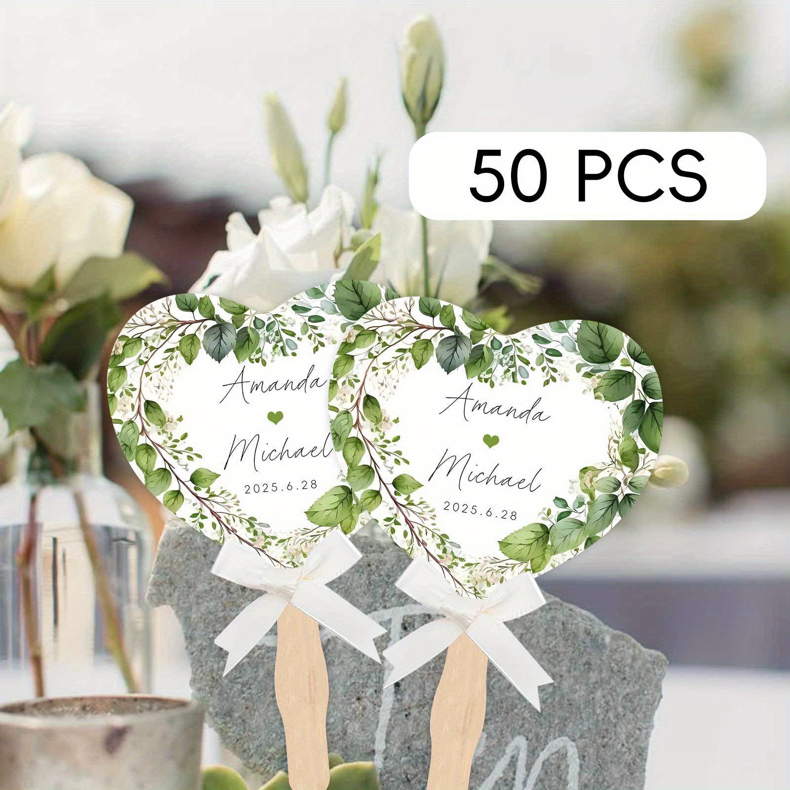 TEMU Ventagli da sposa personalizzabili con manici in legno - da sposa a forma di cuore personalizzato in verde e , per matrimoni, anniversari e