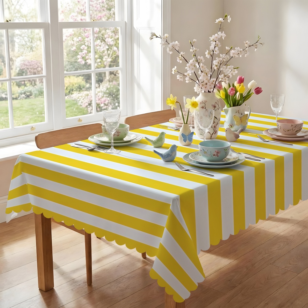 TEMU 1 nappe à rayures jaunes et blanches, décoration de facile, nappe rectangulaire longue en polyester, design artisanal en relief sur les bords,