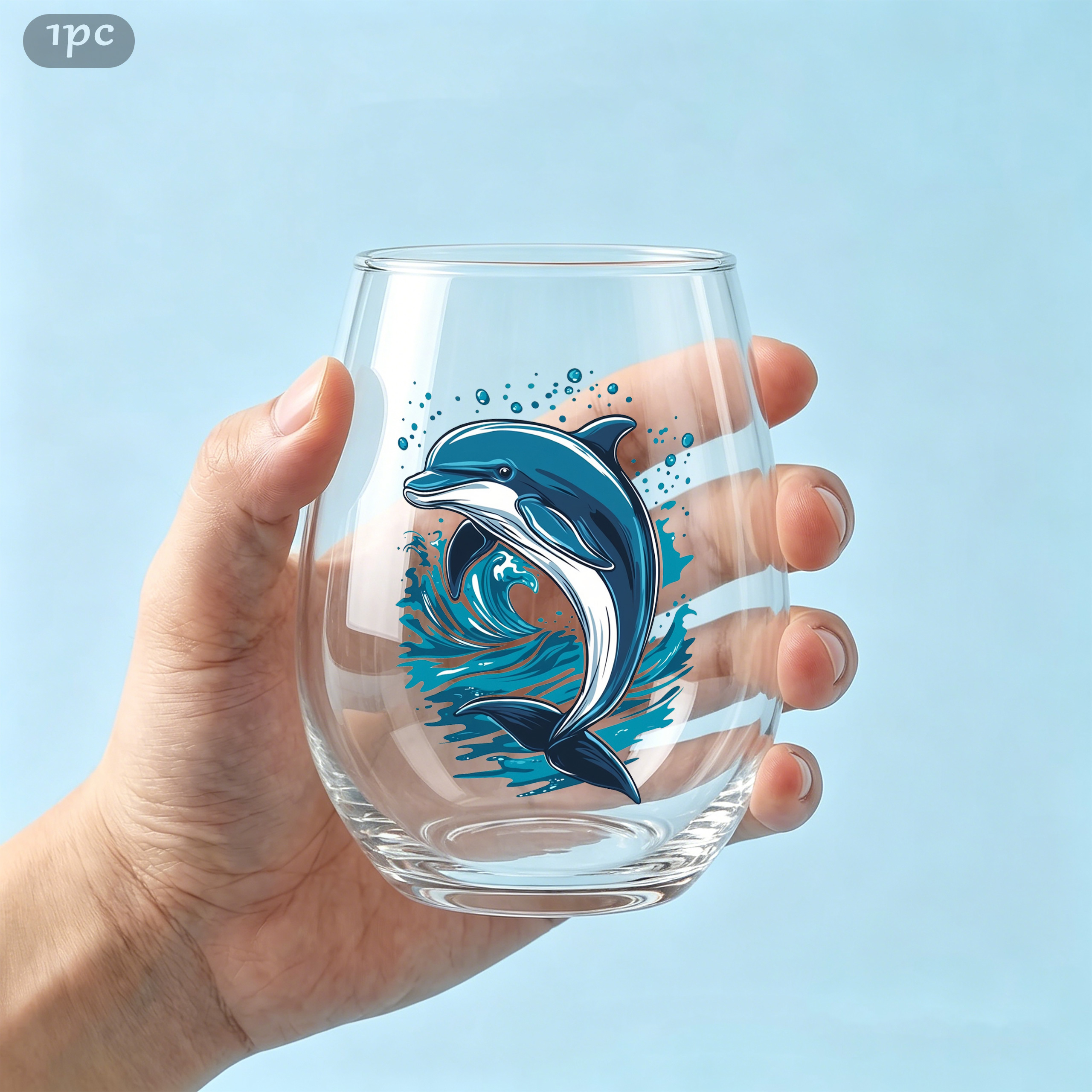 TEMU 1pc Wave Dolphin Round Pattern 350ml Egg-shaped Glass Cup, Drinking Cup, Juice Cup, Stemless Wine Cup, Scratch-resistant Champagne And Whiskey