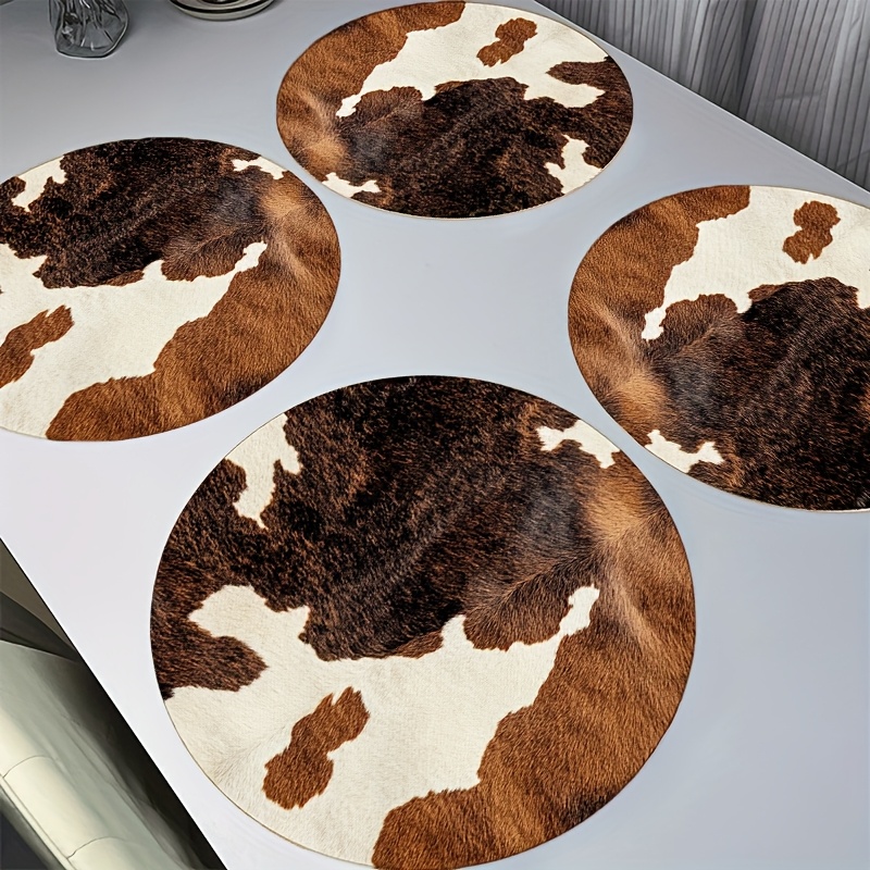TEMU Lot de 4 sets de table en imprimé [plat 2D] motif vache réaliste marron et blanc | Napperons ronds, parfaits pour la décoration de cuisine et de