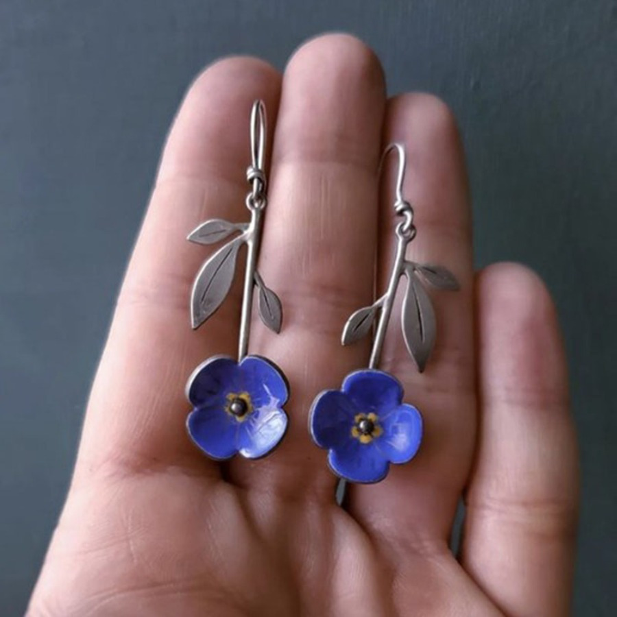 TEMU 2pcs Navy Blue Floral Earrings - Elegant Botanical Jewelry With, Minimalist Floral Studs For , Everyday Or Formal Events - Perfect Gift For