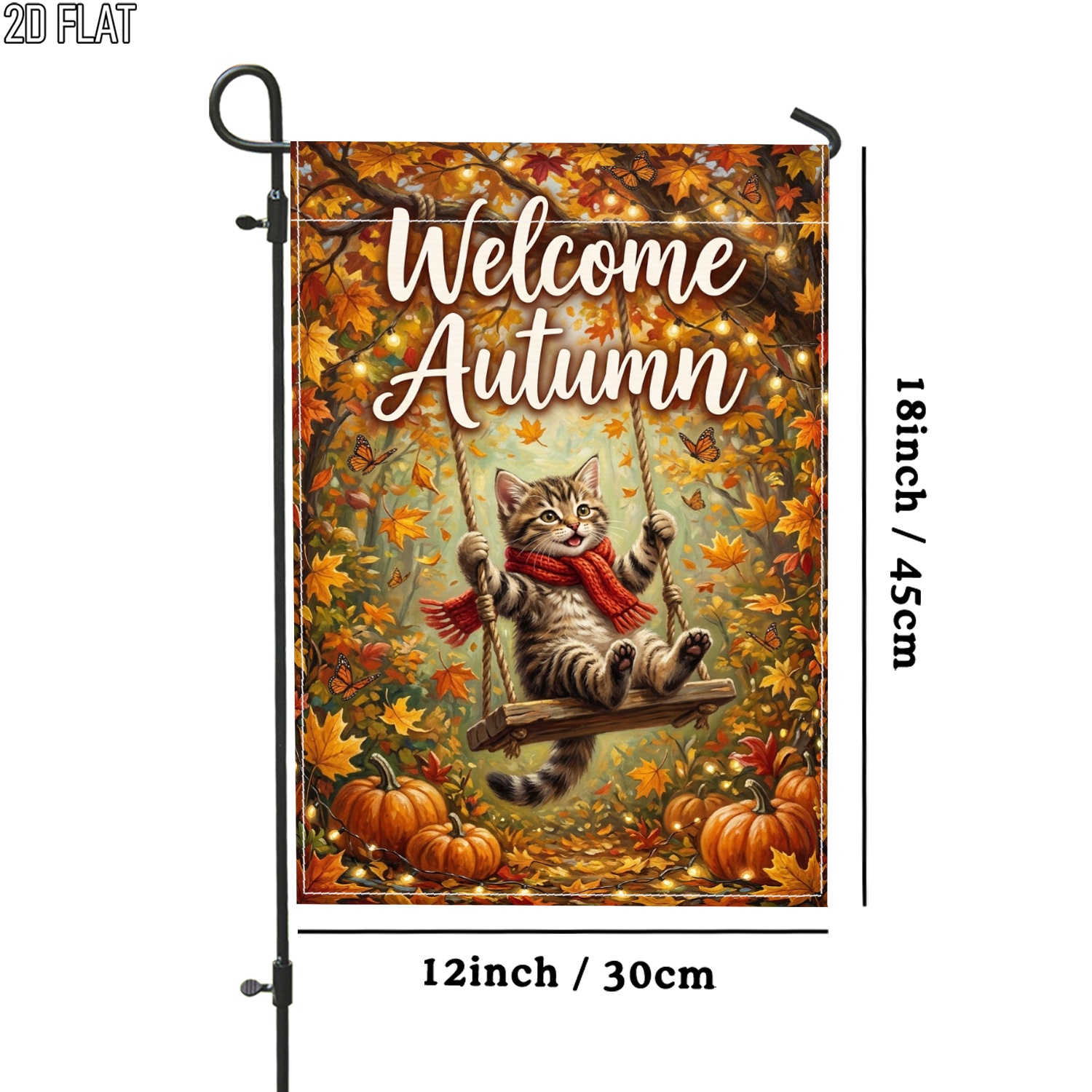 TEMU 2d Flat - 2d Flat - 2d Flat 1pc Outdoor Garden Flag Autumn Kitten Fall Leaves Pumpkin Double-sided Flag Porch Decoration For Garden Outside Yard