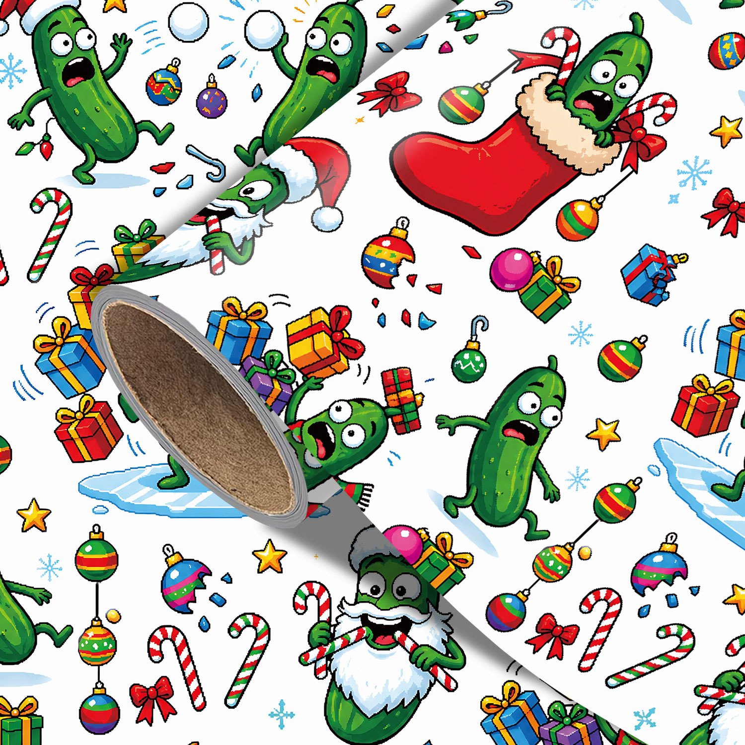 TEMU 1 Rouleau de de Noël Cornichon Amusant, Papier d'Emballage de Fêtes avec Dessins Animés de Cornichons , Bonnets du Père Noël, Écharpes à
