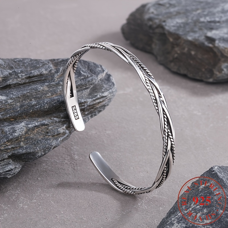 TEMU Retro Style 925 Silver Bracelet With Twisted Rope , Stylish Retro End, Adjustable Size, Women's
