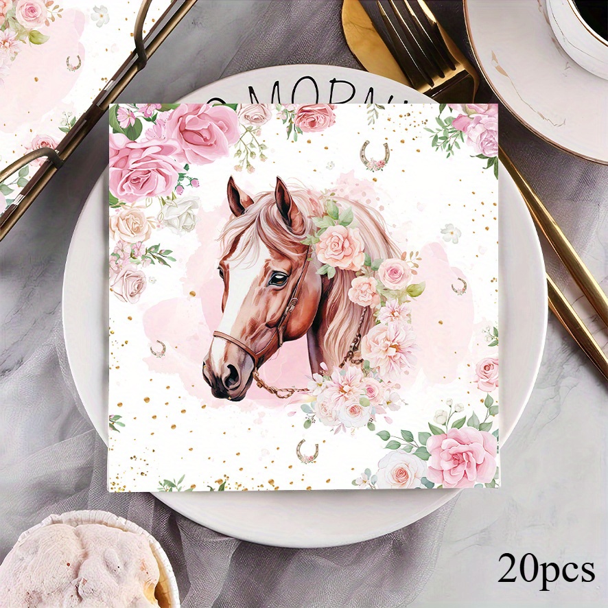 TEMU 20 Pieces Of Floral Horse-themed Party Napkins, Birthday Party Napkins, Party Supplies, Party Decorations, Holiday Decorations, Holiday Supplies