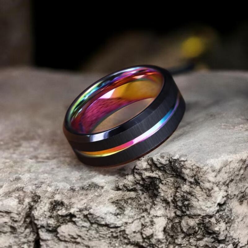 Men's Rainbow Tungsten Ring with Black Brushed Finish