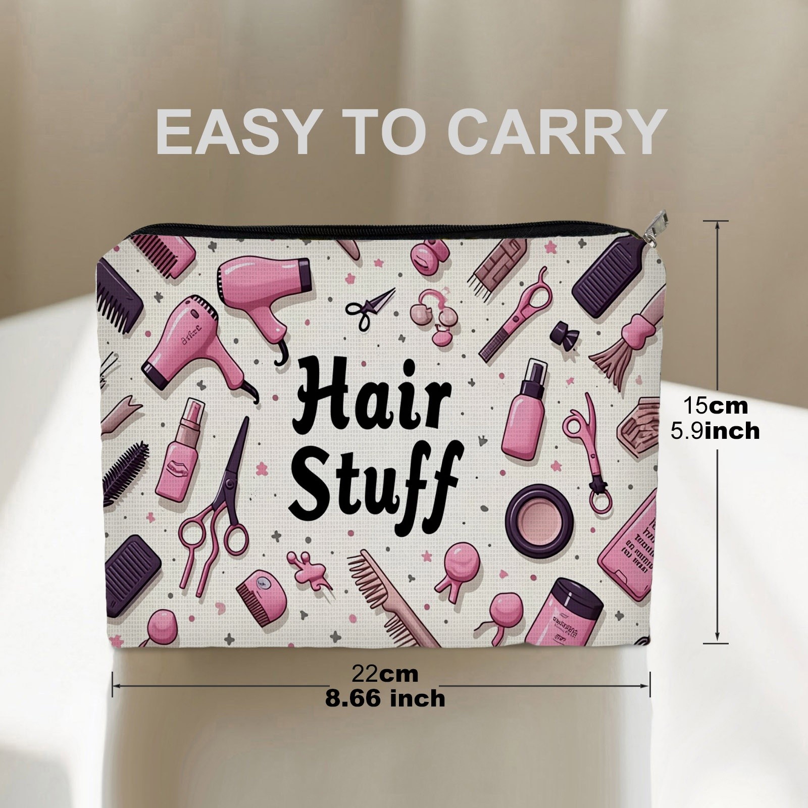 TEMU Cartoon Hair Care Tools Print Cosmetic Bag, Double-sided Polyester Makeup Pouch Measuring 5.9in X 8.66in, Lightweight Travel Toiletry Organizer