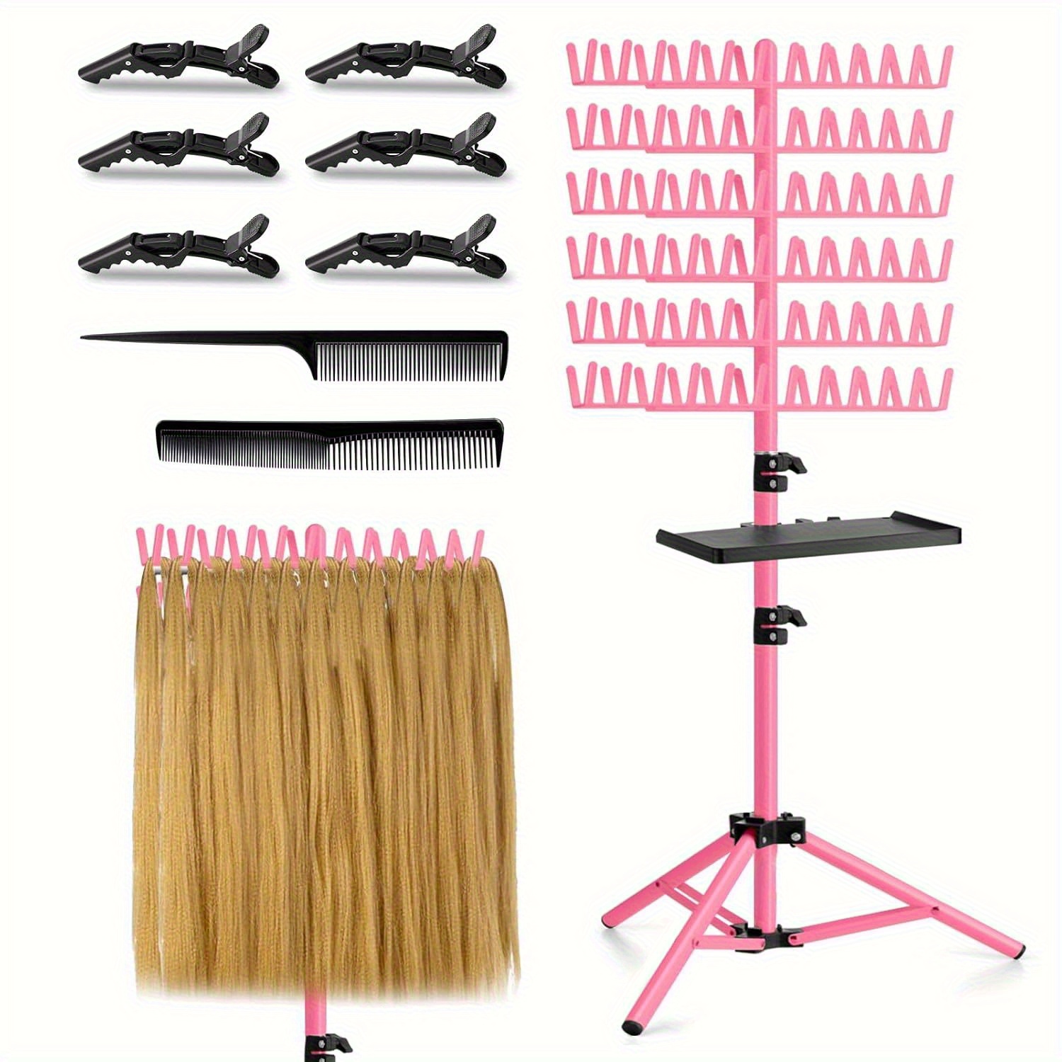 TEMU Braiding Hair Rack With Tray, 144 Pegs Height Adjustable Braiding Rack, 2-side Hair Extension Holder Hanger, Hair Stand With Stylist Hair Braiding Tools For Hair Salon Home Traveling