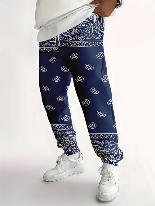 mens trendy casual long pants with a base and white patterned fabric featuring style artistic with a full print it easy to create a unique outfit the suitable for styles