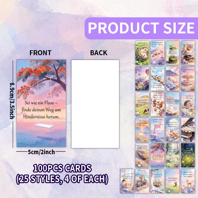 TEMU 100pcs Card Set - German Watercolor Cute Animal & Scenery - Inspirational Affirmation Cards, 25 , Suitable For Mindfulness, Self-care & Daily