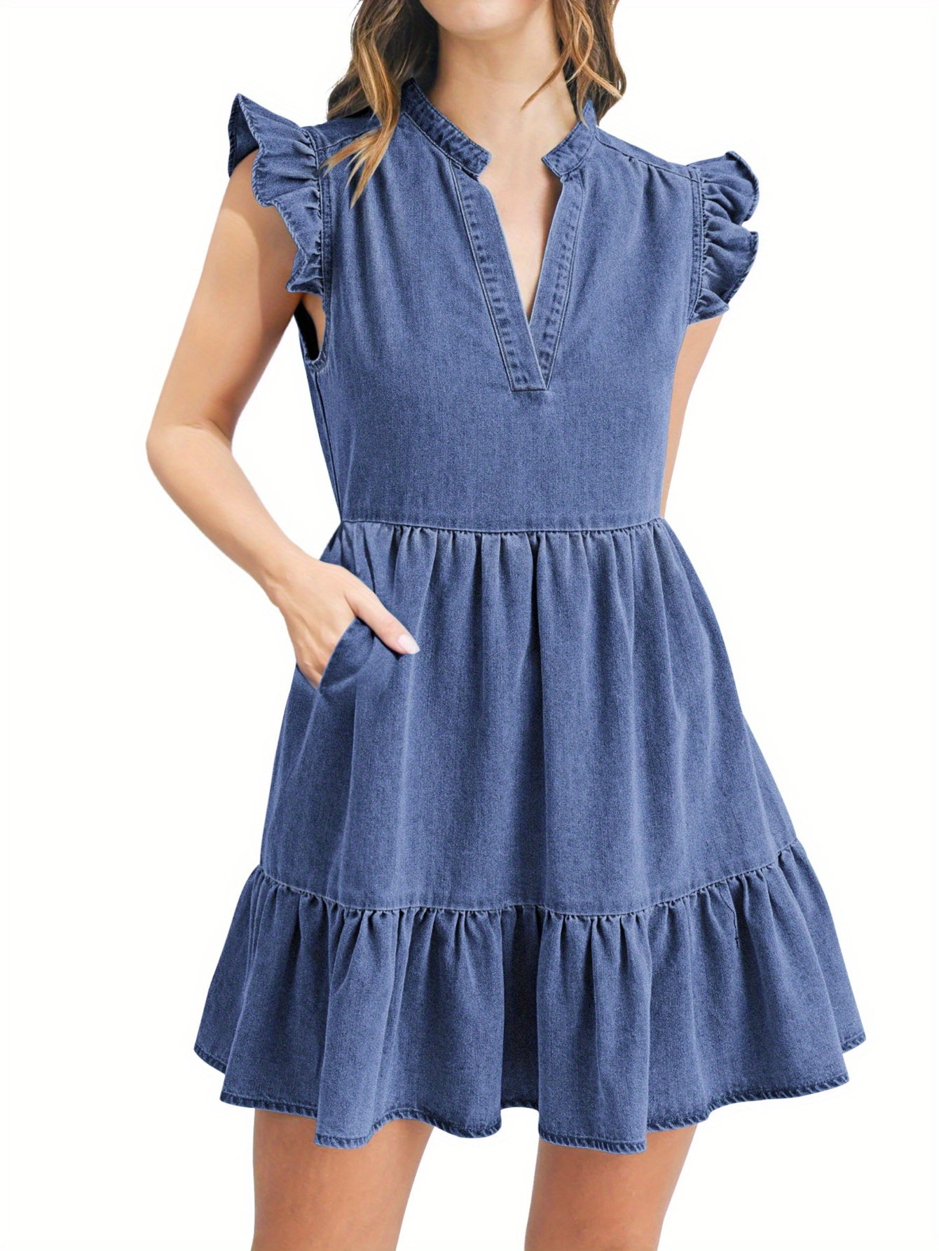 elegant v-neck ruffle detailed denim dress Smocked V-Neck Ruffle Sleeve Top Denim main image 0