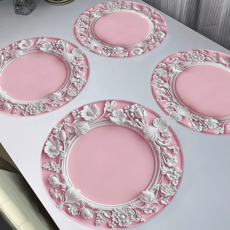 

4pcs. Pink Floral,. 15inches Placemats, Round Table Mats For Home Decor Non-slip Washable Place Mats For Daily Banquet Party Dining Table Decoration