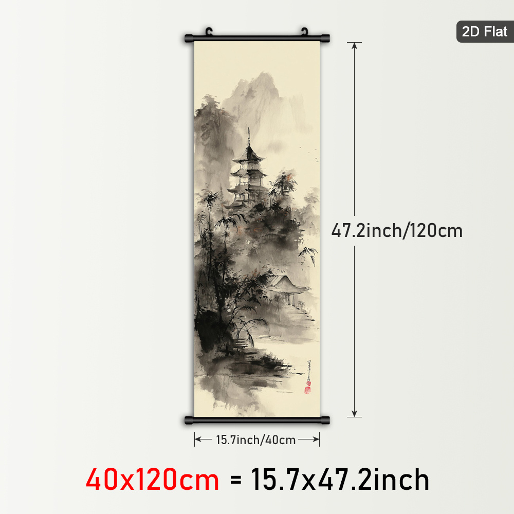 TEMU 2d Flat, 1pc Zen Temple Scroll Wall Art - Vertical Framed Canvas Hanging With , Minimalist Ink Brush Painting Suitable For Living Room, Bedroom,
