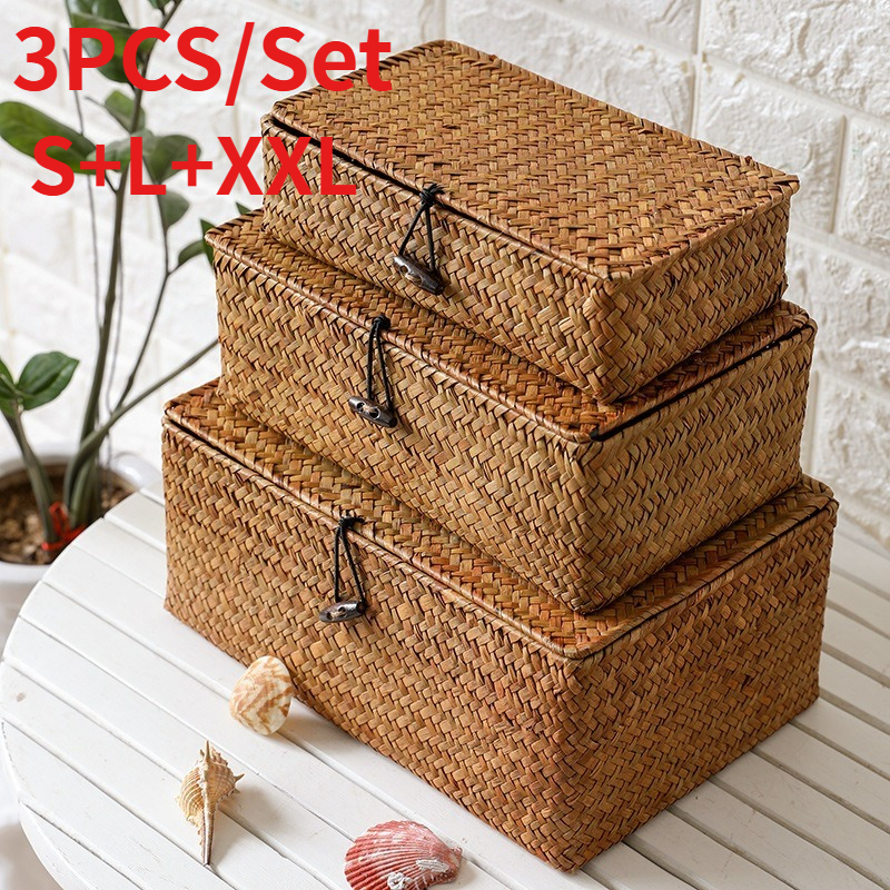 TEMU 3pcs[s l xxl]home Storage Basket, Storage Basket With Lid And Button, Fashionable Hand Woven Storage Basket, Suitable For Wedding Gift Boxes,