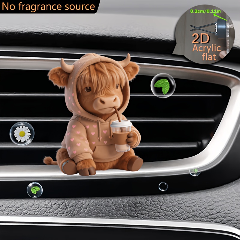 TEMU 2d Flat, 2d Flat 1pc Highland Cow Drinking Coffee Acrylic Car Air Freshener Air Vent Decoration - No Fragrance, Fragrance Source Not Included