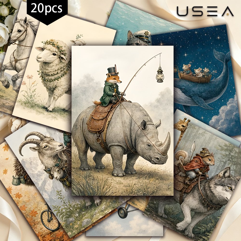 TEMU Invitation 20pcs Vintage Whimsical Animal Postcard Set, Retro Aesthetic Art Postcards Assortment, Decorative Cottagecore Postcard Pack For