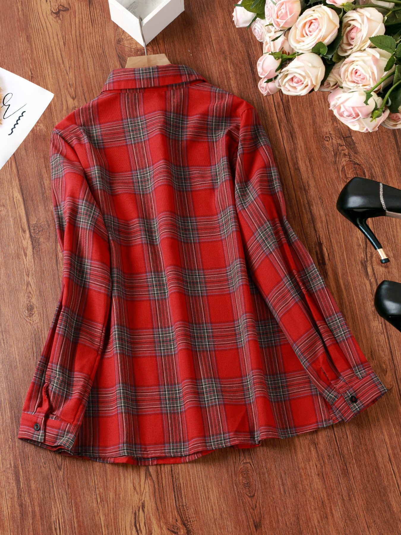 plus size, rosa   ženska crvena karirana košulja s reverom i gumbima, bluza s dugim rukavima, prikladna za ležerni uredski put, korejski stil, profesionalna odjeća za cijelu godinu