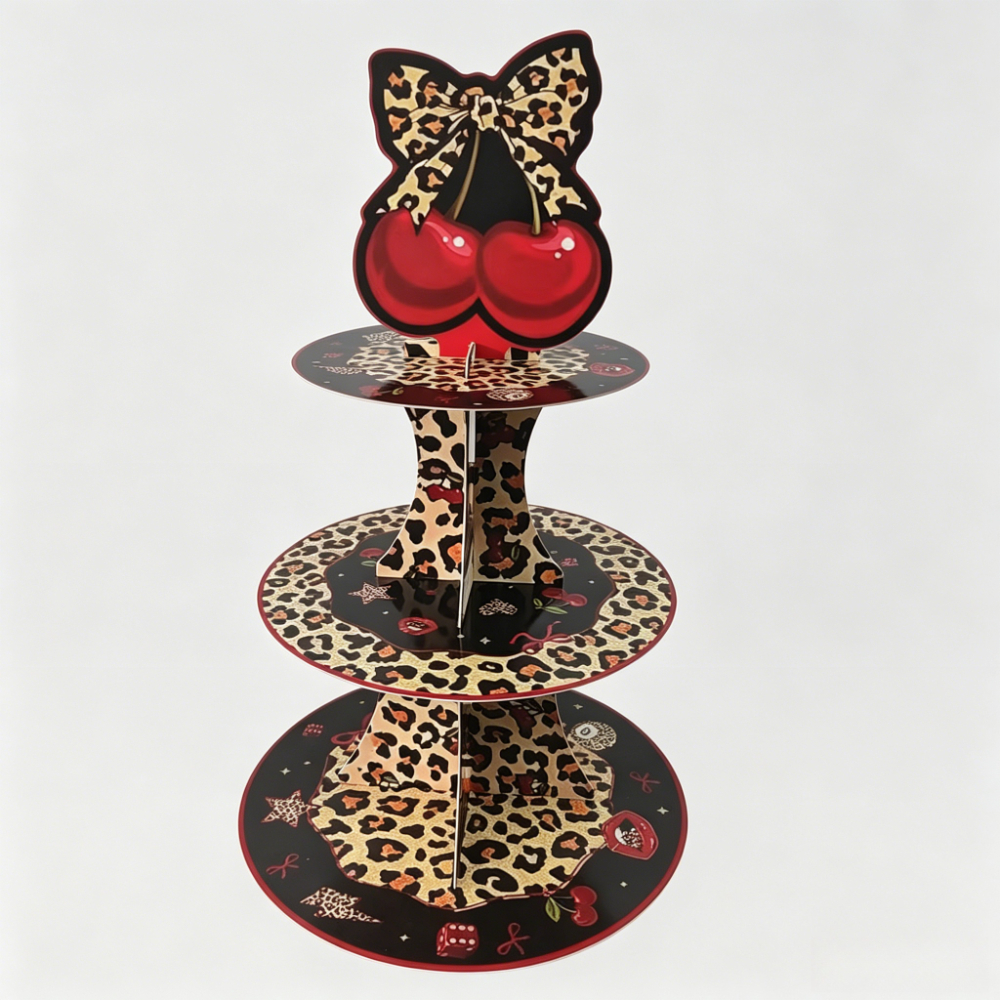 TEMU 16-inch 3-tier Leopard Print Cherry Cupcake Stand With Bowknot Topper - Cardboard Dessert Display Tower Suitable For Birthday Parties, Baby