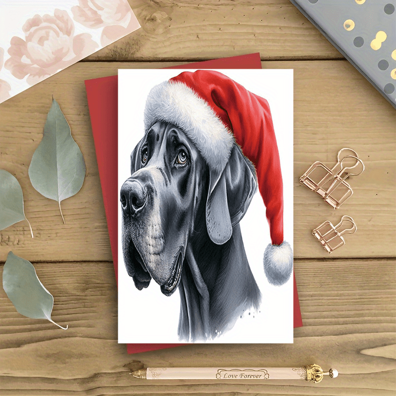 TEMU 1pc Christmas Greeting Card - Black With Santa Hat Sketch Illustration Design, Ideal For Pet Lovers, ' Holiday Exchange, Blank Inside For