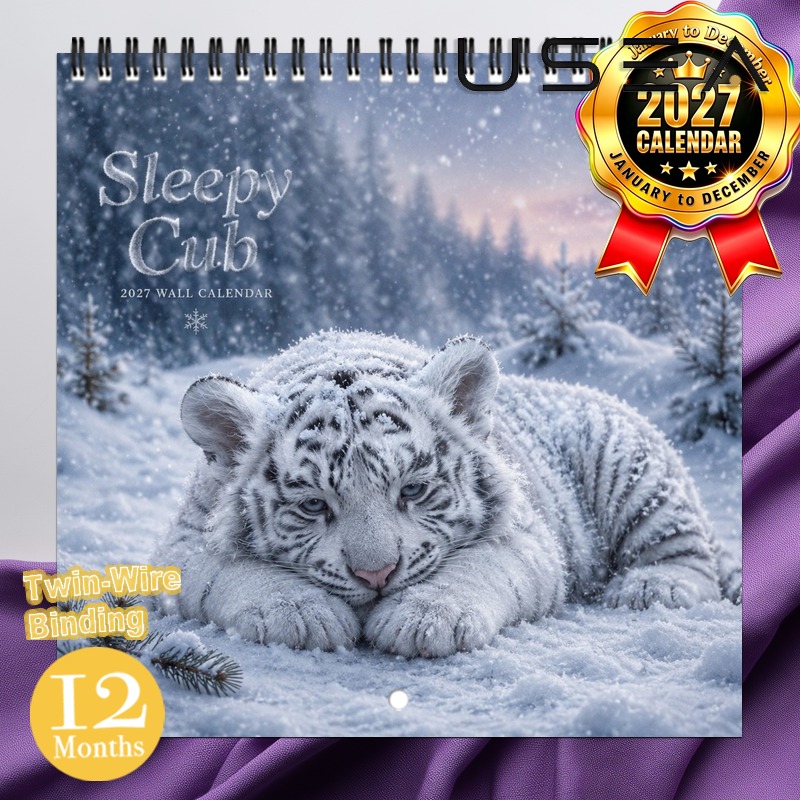 TEMU 2027 Wall Calendar, Planners,snowy White Tiger Cub 2027 Wall Calendar, 12 Month Yearly Organizer With Twin Wire Spiral Binding, Hanging Monthly
