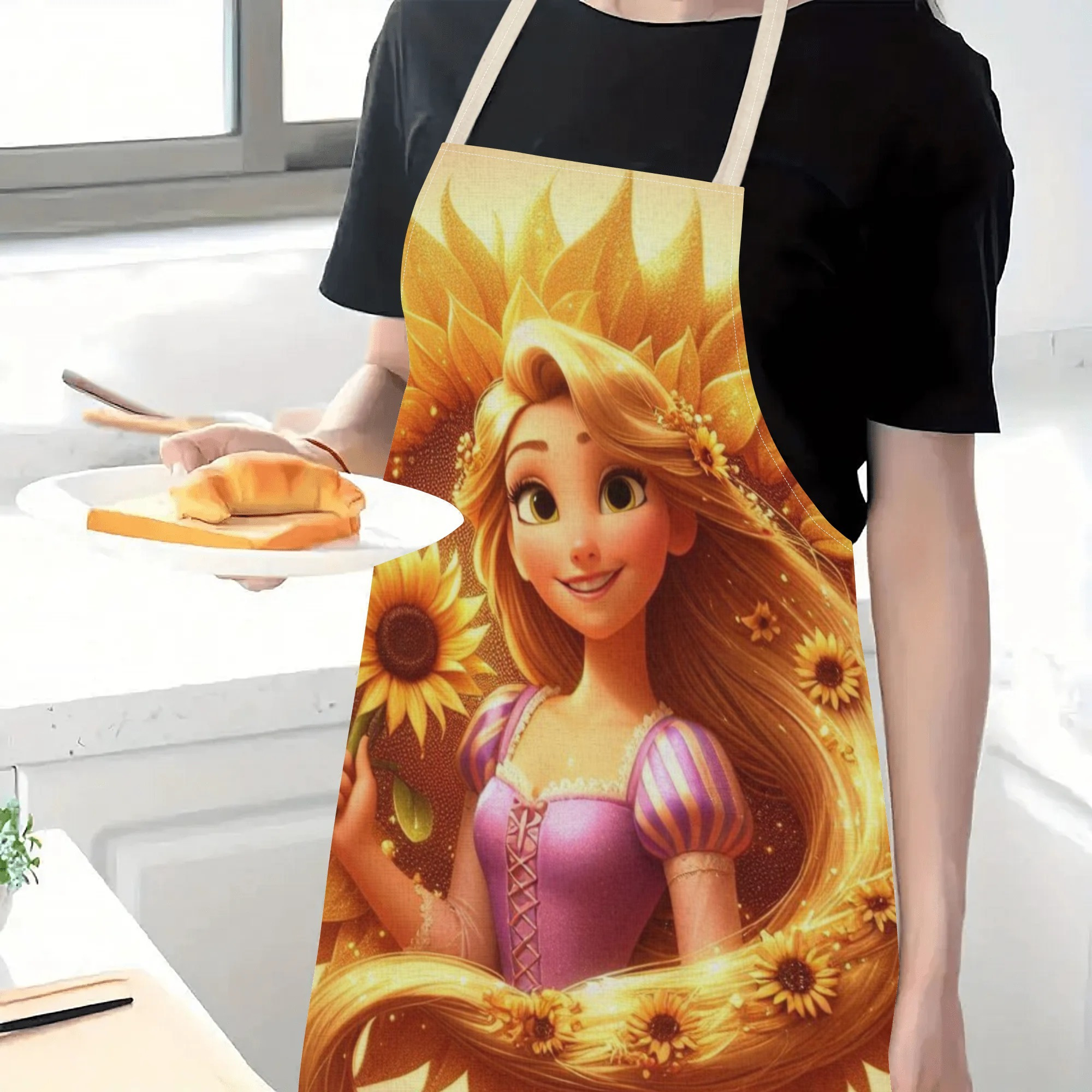 disney   waterproof apron - vibrant cartoon princess design with sunflowers, ideal for home, restaurants, cafes & supermarkets -   polyester,  , versatile apron|vibrant design|glossy finish details 4