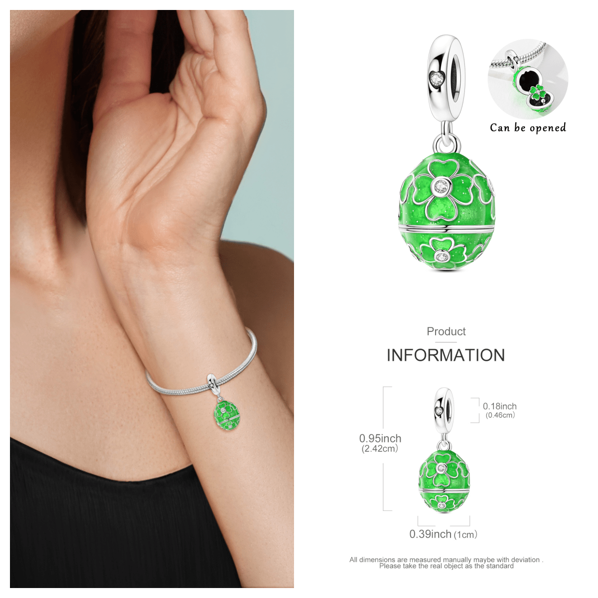 E-shop Kupfer 925 versilbert, . vierblättriges Kleeblatt -Ei-Anhänger-Perle, Tragen Sie dies, um eleganter raffinierter zu wirken, niedlich