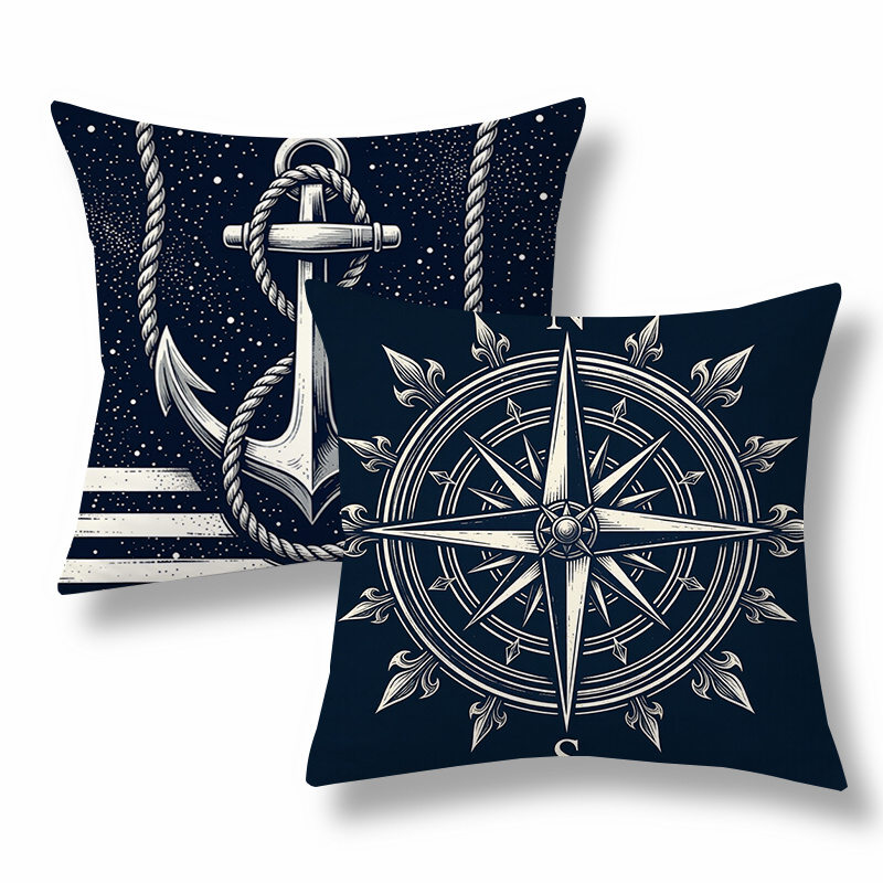 TEMU 2pcs Nautical Style Throw Pillow Covers,decorative Cushion Cases, Anchor And Compass Design With Rope Details, Dark Blue - White Tone.versatile