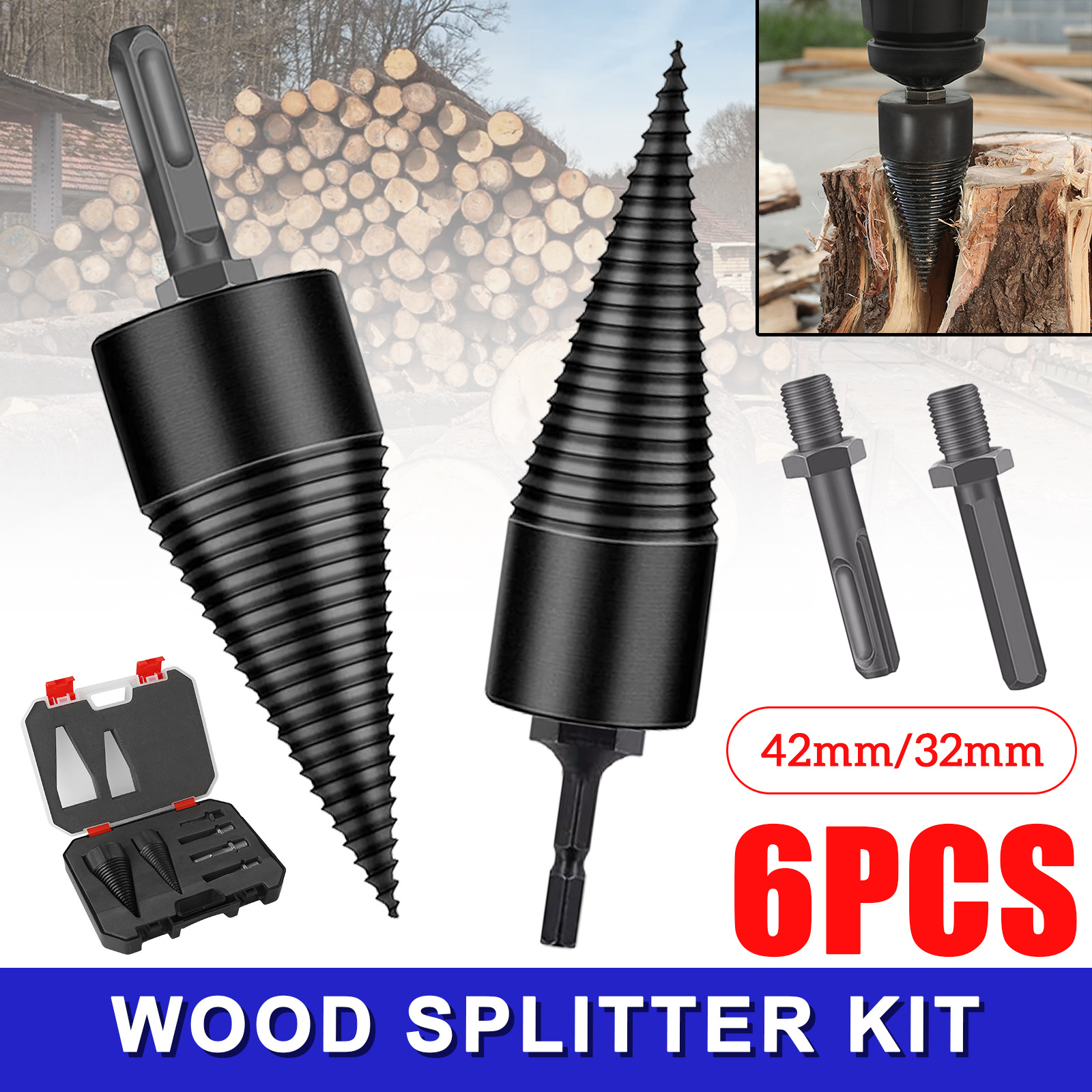 

6pcs Logs Bits Firewood Splitter Drill Bit Heavy Duty Camping Wood Splitter Screw Splitting Cone Driver Wood Splitter Bits