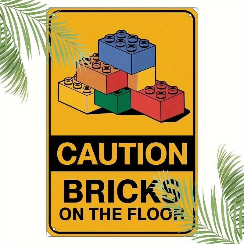 TEMU 2d Flat, 2d Flat [metal Safety Sign] 2d Flat, 1pc Building Block-inspired Caution Bricks On Sign - Sturdy, Resistant To Weather & , 20.32x30.48