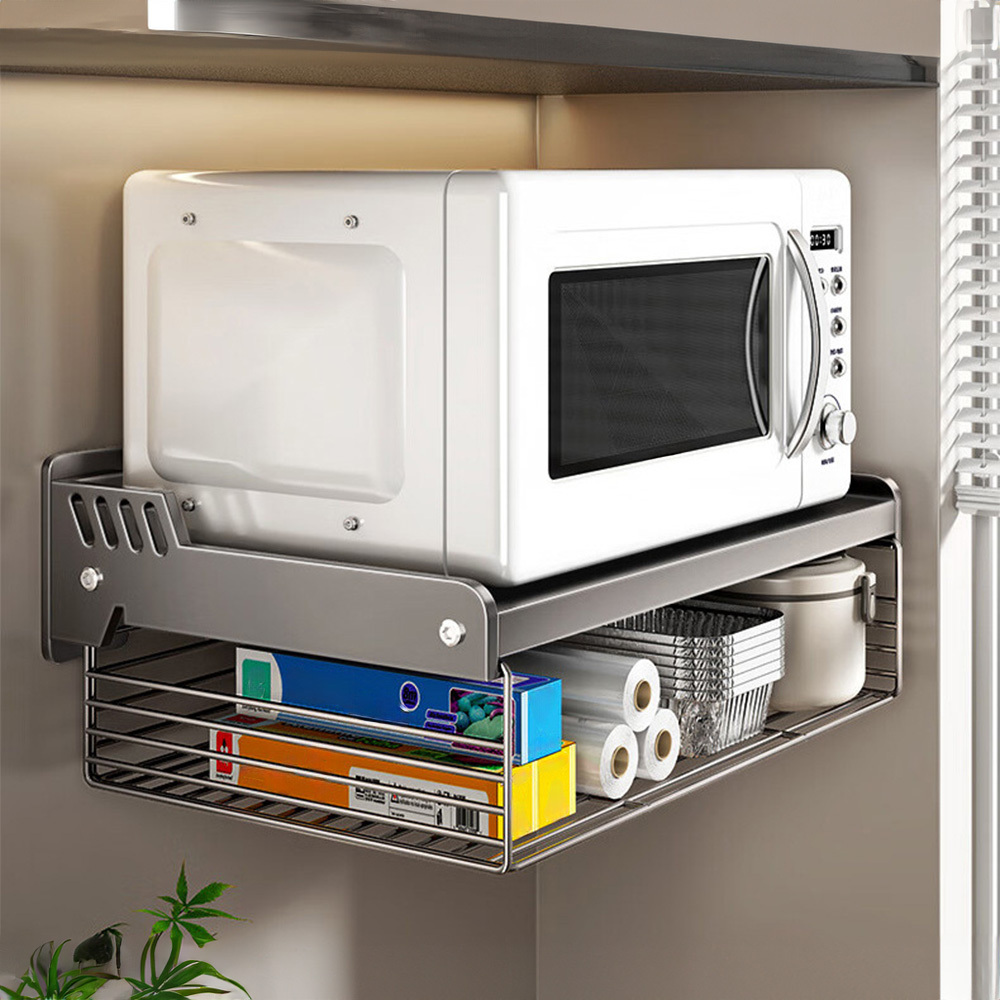 Image of Space-saving Kitchen Organizer Shelf, 35cm Widened Tabletop And Raised , Double-layer Storage Basket For Rice Cooker/oven, Wall-mounted Microwave Rack (black)