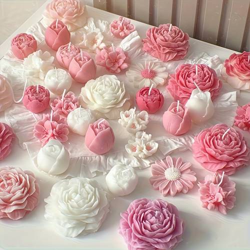 set of 5 silicone molds for making candles and soaps designed with floral patterns including rose peony daisy and egg flower from durable high temperature silicone home decor and as gifts for holidays birthdays