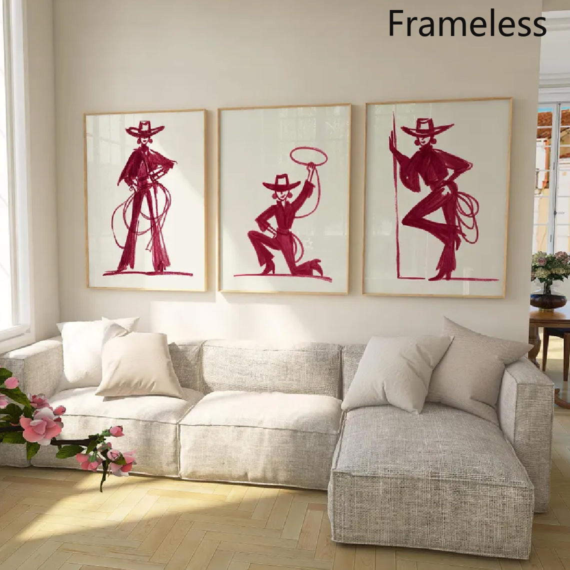 TEMU 2d Flat, Collection Of 3 Burgundy Cowgirl Prints - Minimalist Modern Vertical Female Figure Posters Suitable For Bedroom, Living Room Decor,