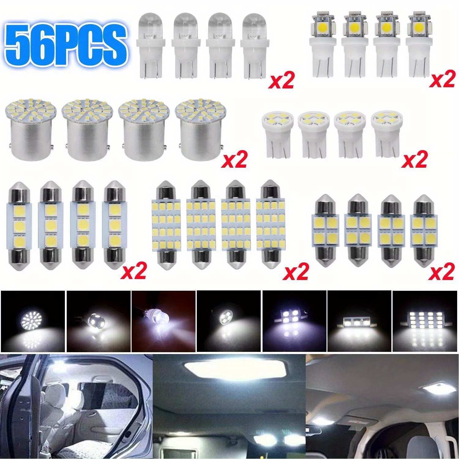 56pcs Car Led Light Replacement Bulb 12v-t10 Width Indicator Dual Pointed Reading Light For Map Door Dash Instrument Courtesy License Plate Lights, White