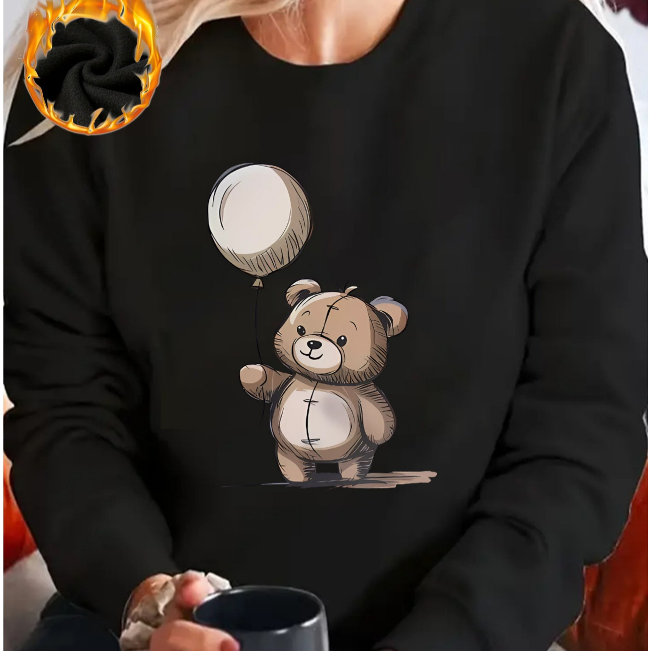 

1pc Women's Cartoon Bear With Balloon Print Fleece-lined Thickened Long Sleeve Pullover Sweatshirt, 100% Polyester, Crew Neck, Sports Style, , Stretch Knit Fabric