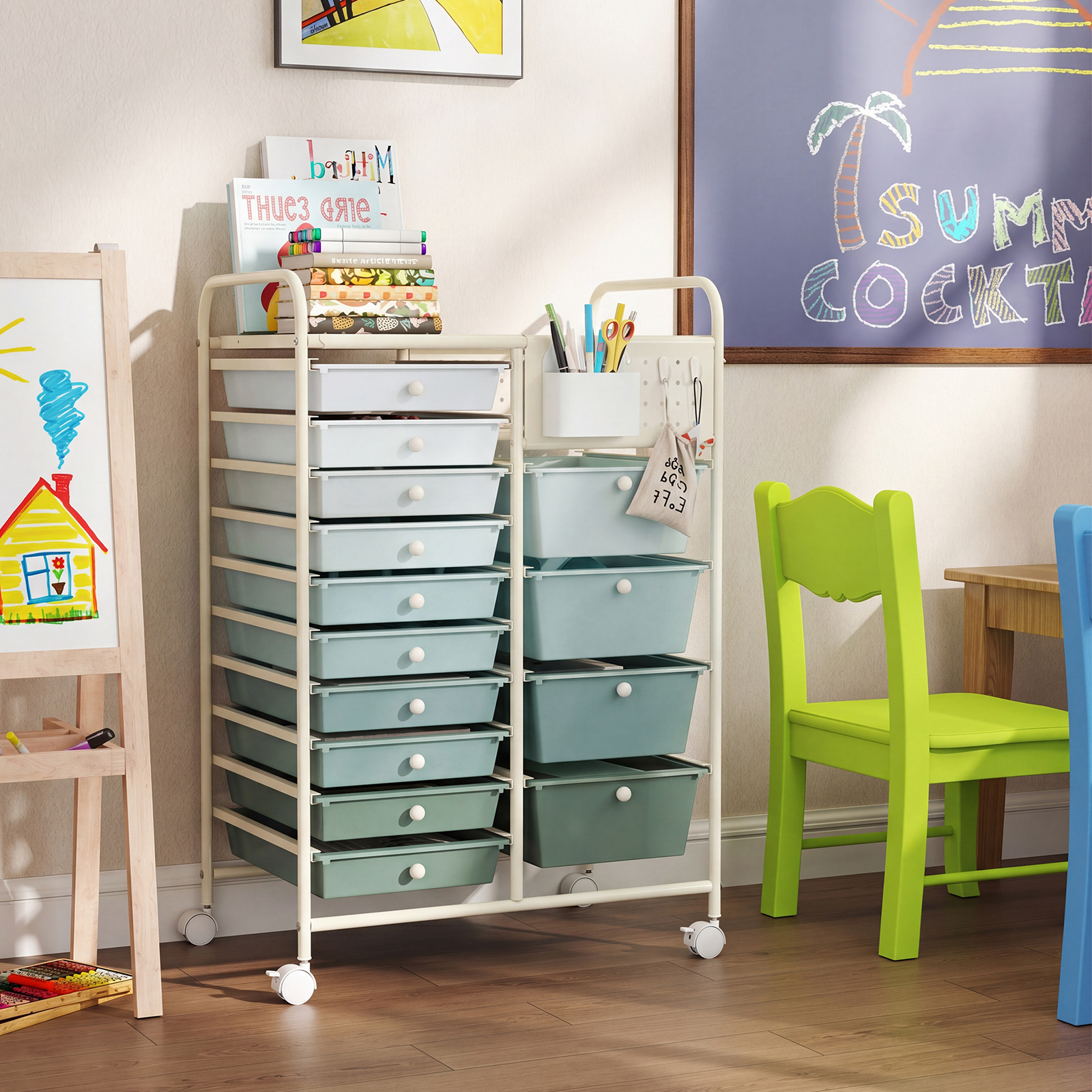 item picture 14 drawer rolling storage cart with pegboard mobile utility organizer on wheels with 2 locking brakes metal frame wagon cart multifunctional art craft trolley for classroom home office and playroom