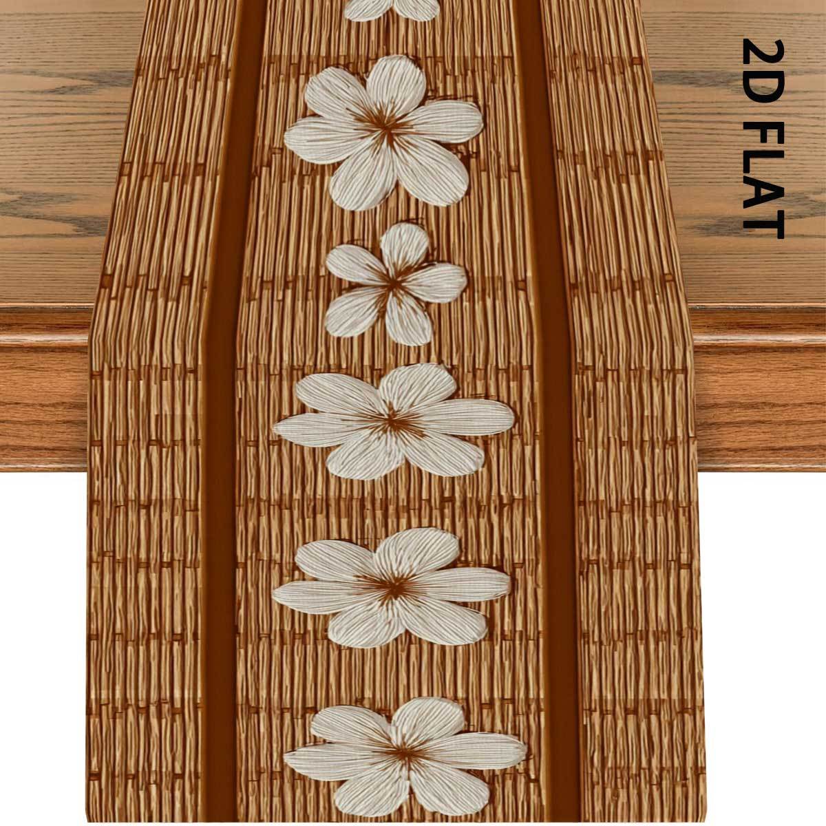TEMU 1pc, 2d Flat Wood Grain Plumeria Pattern Table Runner, Forest Pastoral Theme, Textured Decorative Style, Spring , Printed Table Runner, Long