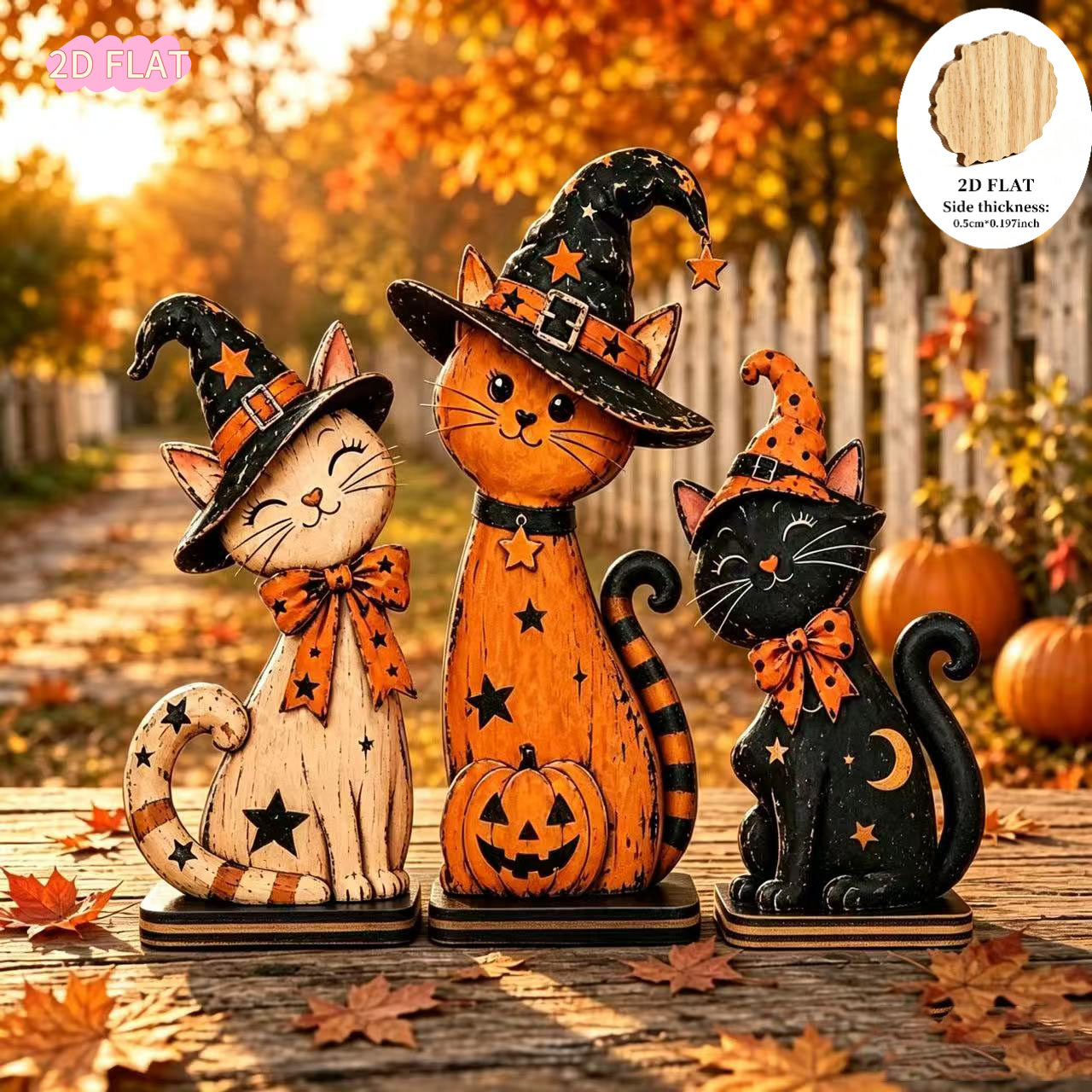 TEMU 2d Flat, 3pcs Halloween Cat Wooden Desktop Ornament, Style Pumpkin Decoration, Tiered Tray Decor, Suitable For Home Shelves, Fireplace, Parties,