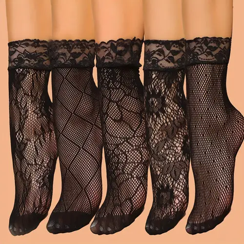 5 pairs womens elegant lace fishnet socks floral pattern contrast lace trim breathable fabric black for casual or formal wear lace socks