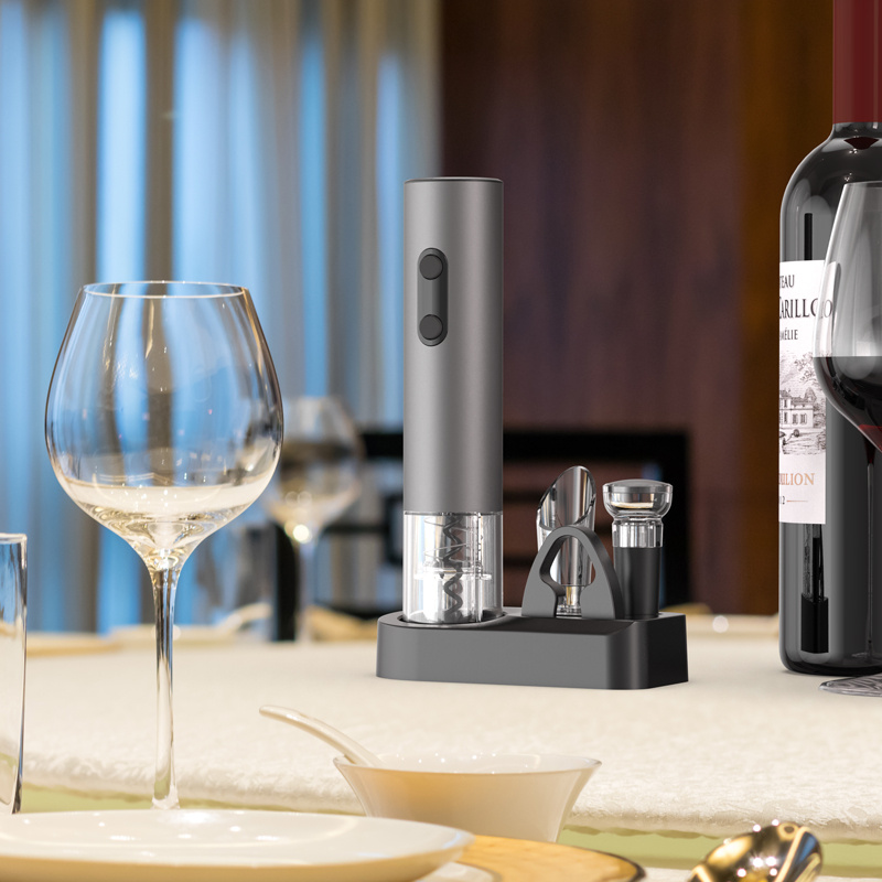 automatic electric wine bottle opener set by featuring a battery operated corkscrew a stopper foil cutter wine pourer and storage base parties and suitable for home kitchen and restaurant use Product details 2