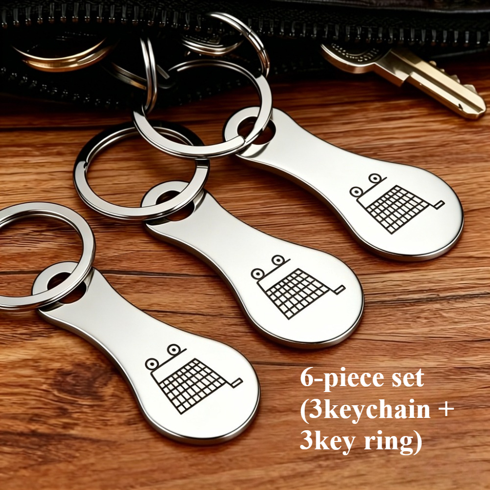 Image of 6pcs (3keychain + Ring) Of Stainless Steel Shopping Cart Keychains With Shopping Cart Logo Pattern, Classic, Stylish And Minimalist Style, Suitable For Daily Men And Women